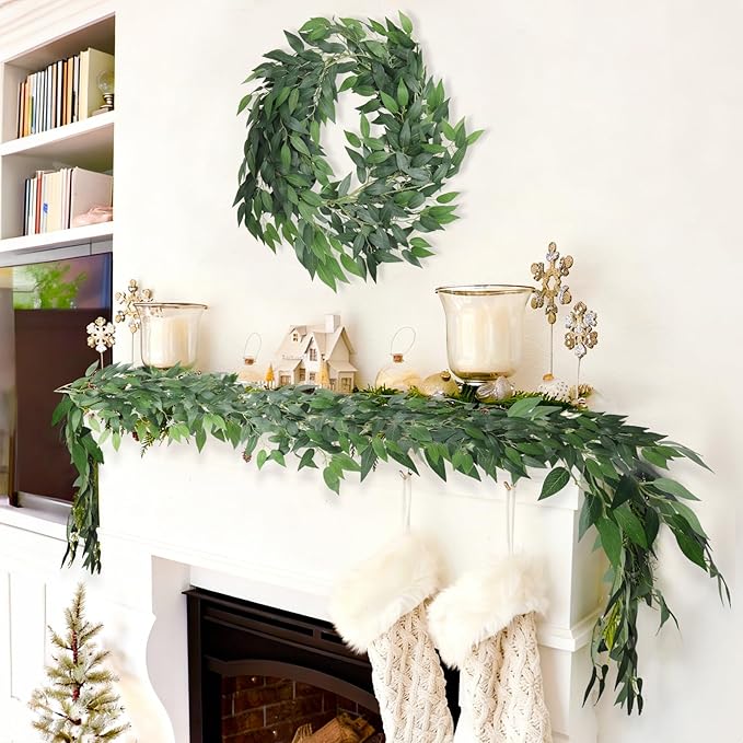 RECUTMS Fake Willow Leaves Vine Artificial Italian Ruscus Greenery Garland 2Pack 6.5FT Faux Hanging Silk Leaf Ivy Rattan for Home Office Wedding Garden Balcony Wall Window Indoor Outdoor Decor