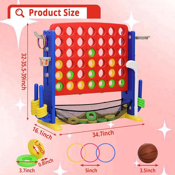 Giant 4-in-A Row Connect Game Set, Height Adjust Jumbo Yard Game for Kids & Adults w/Mesh Catching Bag, Basketball Hoop, Ring Toss & Mini Golf, Family Party 4-to-Score Indoor/Outdoor Games