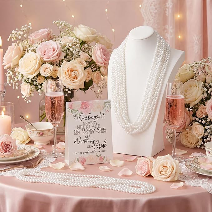 Kenning 51 Pcs Bridal Shower Games Supplies Don't Say Bride or Wedding Game with 50 White Faux Pearl Necklaces Boho Wedding Game Card for Engagement Bachelorette Party Supplies(Flower)