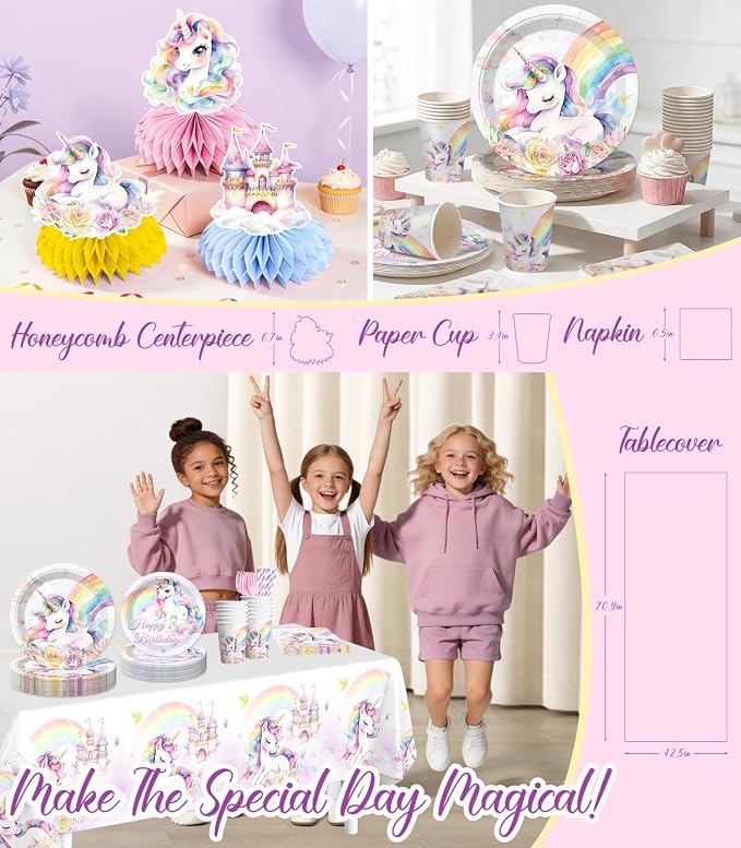 289 Pcs Unicorn Birthday Decorations, Worry-Free One-Stop Set Serves 25 Guests, with Laser Banner, Backdrop, Thick Plates and Cake Stand, Easy Setup for Unicorn Party Decorations