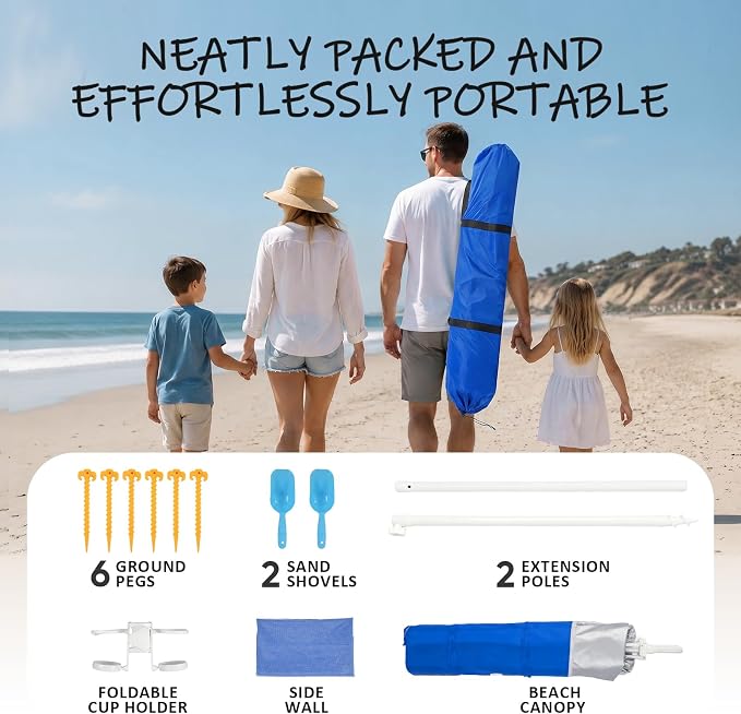 Sekey Beach Cabana - 8x8 FT Easy Setup Beach Shade Canopy UPF 50+ Sun Shelter with Sandbag & Side Wall, Large Portable Outdoor Tent for Family, Blue