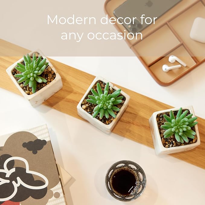 Nordik Square Marble Pots with Gold Vein Accents - Set of 3 - Modern Office and Home Decor - Lifelike Faux Plants - Artificial Desk Plants for Office and Bathroom - Mini Indoor Cactus