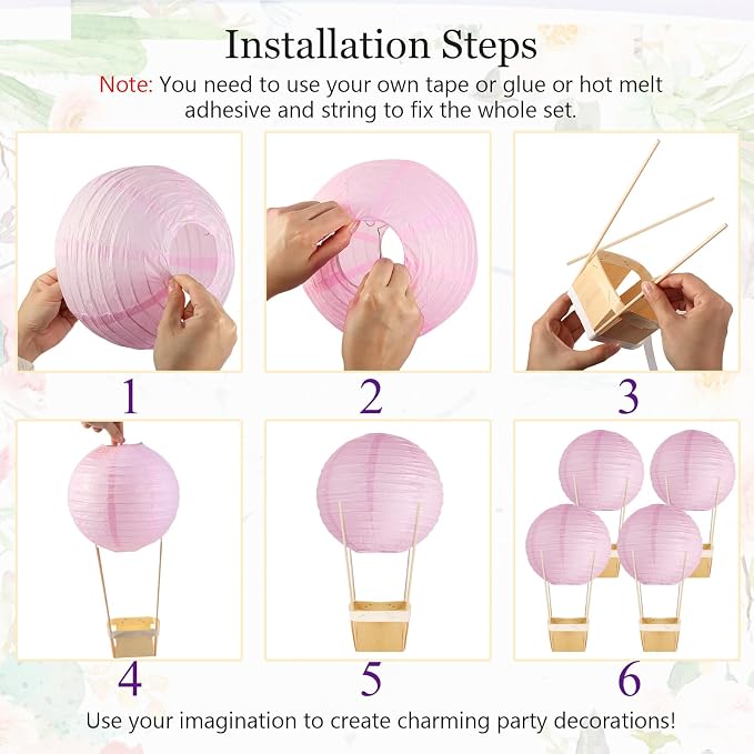 Namalu 24 Set Hot Air Balloon Table Centerpieces Baby Shower Party Decoration Paper Lanterns with Wooden Basket Sticks for Summer Birthday School DIY Craft(Light Pink)