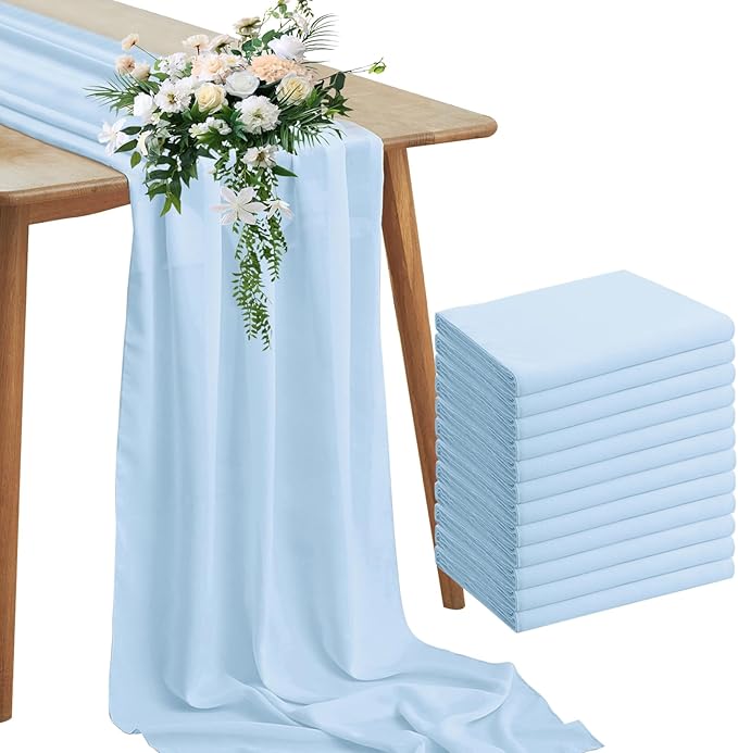 Horbaunal 12 Pack Baby Blue Chiffon Table Runners 10FT Sheer Chiffon Runner 29x120 Inches Romantic Boho Rustic Table Runner for Wedding Party Bridal Baby Shower Table Decorations