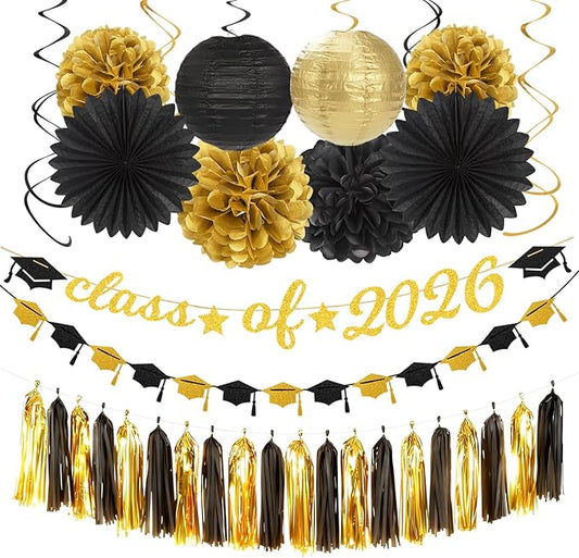 Black Gold Graduation Party-Decorations Garland - 36pcs Congrats Grad Class 2026 Banner,Hat Hanging Streamers,College High School Congratulations Master Celebration Classroom Backdrop Decor Burgleda