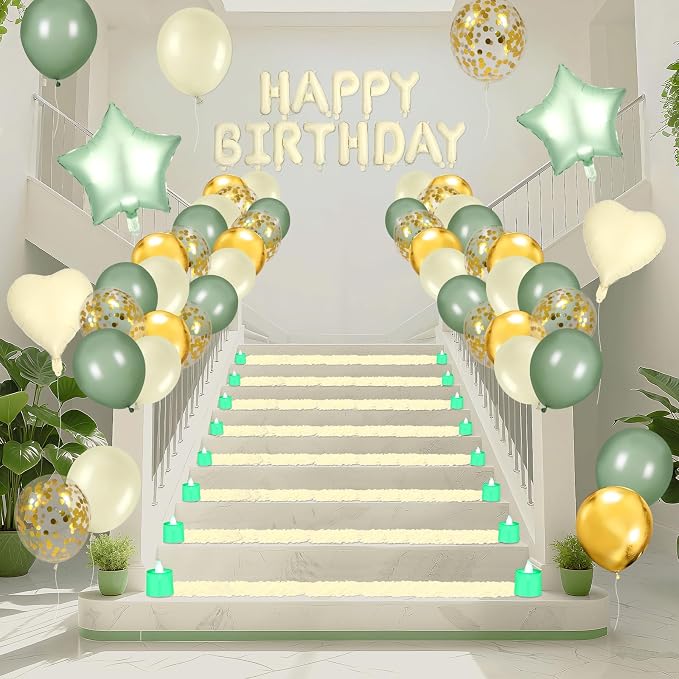 Sage Green Happy Birthday Balloons Decorations Beige Green Birthday Balloon Letters Banner with 4 Pcs Star Balloons Artificial Rose Petal 24 Flameless LED Candles for Room Hotel Party Decor Supplies