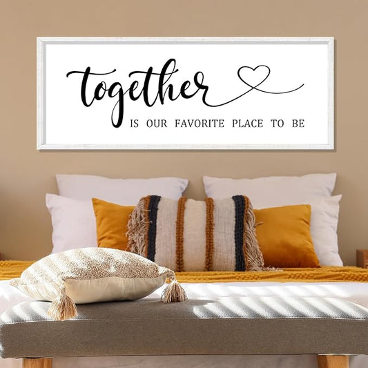Couples Bedroom Decor Together is Our Favorite Place to Be Wall Art Sign | 40x15 Inch White Wood Frame, Rustic Farmhouse Style, Above Bed Sign, Wedding Idea for Husband Wife, Ready to Hang