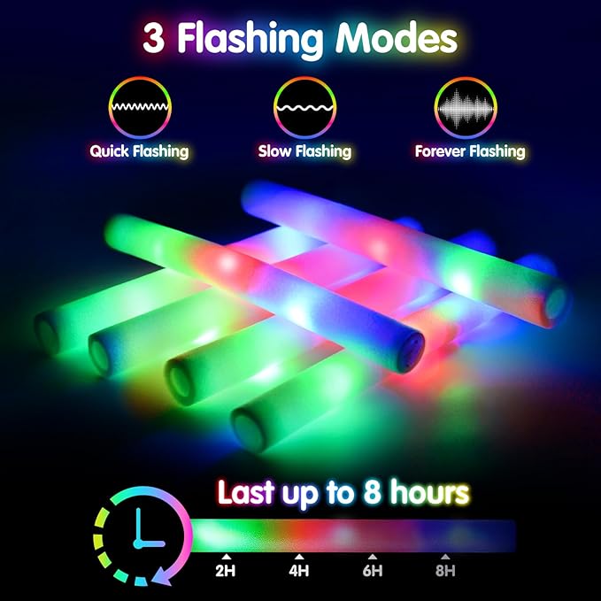 OLUPP 124 PCS Glow Sticks, Foam Glow Sticks, Foam Light up Sticks with 3 Modes Colorful Flashing, Glow In The Dark Party Supplies, Glow Sticks Bulk Party Pack, Foam Glow Sticks Bulk for Party, Raves