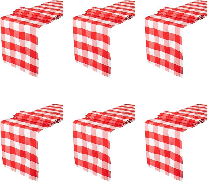 ShinyBeauty 6pcs Red & White Checked Table Runners 108 inches Long Classic Farmhouse Table Runner Buffalo Plaid Runners for Family Dinner Thanksgiving Decorations (13"x108")