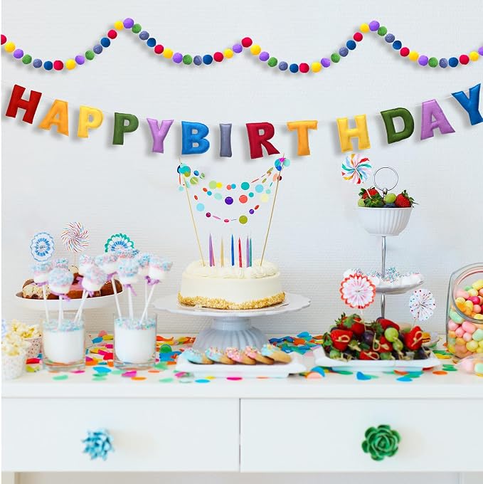 Mindsoft 2 Pcs 9.83ft Pre Strung 3D Happy Birthday Felt Fabric Banner with Ball Garland Reusable Pom Pom Garland for Birthday Party Decorations Sign Photo Prop Boys Girls(Retro Rainbow Color)