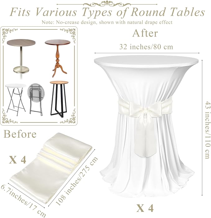 Kochorie 4 Set Cocktail Table Covers with Satin Sash, 32 x 43 Inch Round Cocktail Table Skirt, Spandex Stretch High Top Tablecloth for Wedding Banquet Birthday Party Decorations, (White, Ivory)