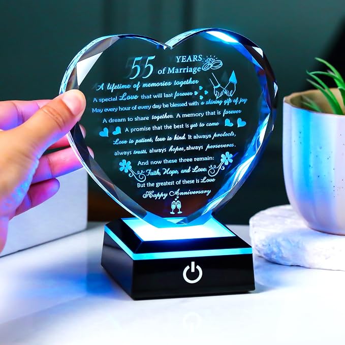 Happy 55th Wedding Anniversary Crystal Gifts for Couples Parents, 55th Wedding Anniversary Keepsake Gifts for Her Him with Colorful LED Base, Romantic 55 Years of Marriage Heart Gift for Wife Husband