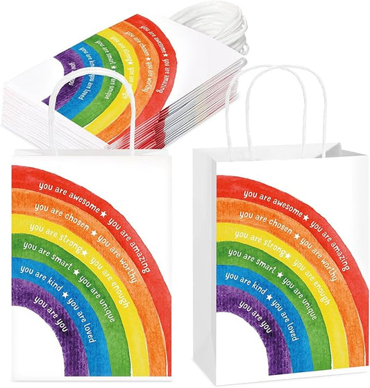 Coume 12 Pcs Inspirational Gifts Bags with Handle Employee Coworker Appreciation Goodie Paper Handbags for Graduation Birthday Party Kraft Thank You Bags Classroom, 5.9 x 3.15 x 8.27 Inch (Rainbow)
