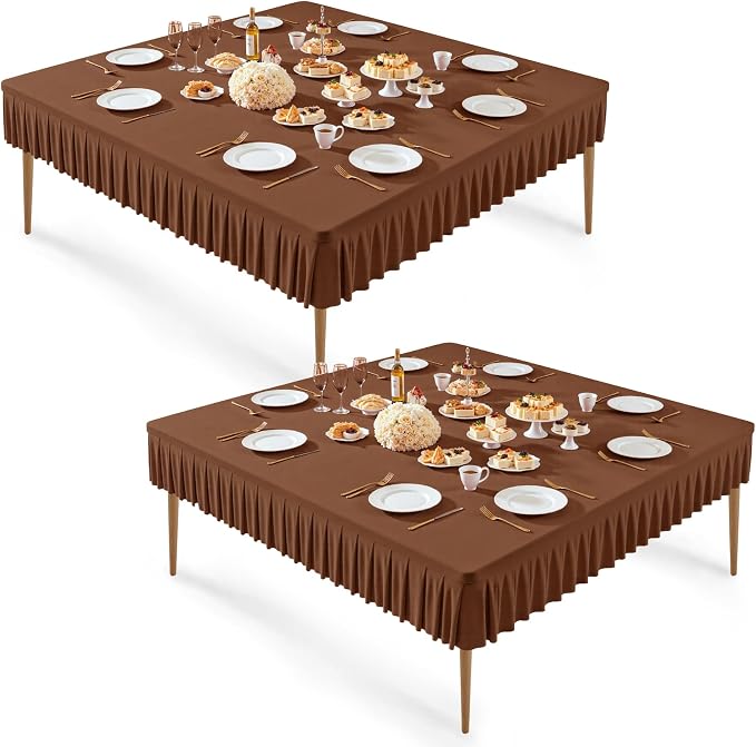 Wish Care 2 Pack Brown Spandex Tablecloths for 60x60 Inch Square Tables, Stretch Fitted Table Clothes with Pleated Ruffle Skirt for 60” Table, Wrinkle Free and Elastic, for Party Kitchen Home Dining