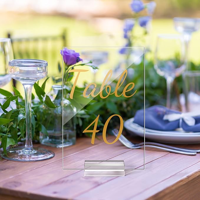 Tuanse 40 Pack Gold Acrylic Wedding Table Numbers 1-40 Clear Stand with Calligraphy Holders - 4 x 6 Inch Acrylic Table Signs for Wedding Reception Centerpieces