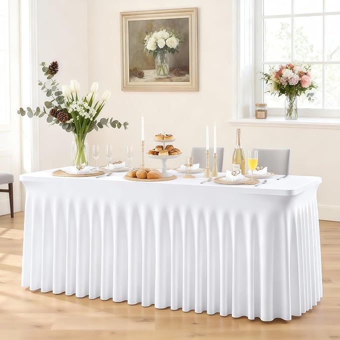 1 Pack White Tableclothes for 4 Foot Rectangle Tables, Wrinkle Resistant Fitted Table Cloth Stretch Spandex Table Covers with Skirt for Event Banquet Wedding Birthday Party