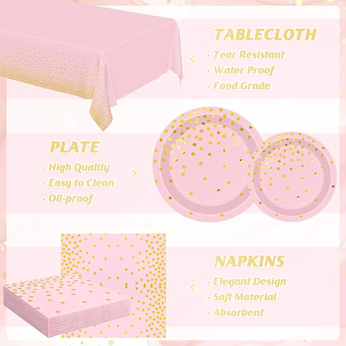 122 Pcs Pink Plates and Napkins Party Supplies, Birthday Decorations for Women Serves 30, Girl Baby Shower Decorations with Wedding Paper Plates, Golden Pink Party Supplies with Fork and Tablecloth