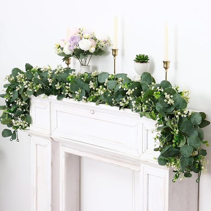 SOMYTING Eucalyptus Garland, 2 Packs 5.9FT Greenery Garland with Gypsophila Flowers Artificial Faux Silver Dollar Eucalyptus Leaves Fake Vines for Indoor Outdoor Table Mantle Home Party Wedding Decor