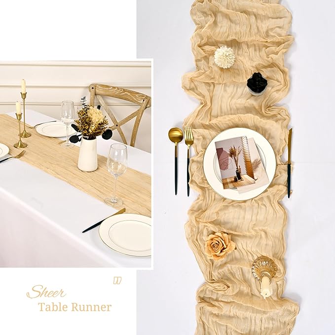 24 Pack Beige Cheesecloth Table Runner,9FT Gauze Boho Long Cheese Cloth Table Runner 17x108 inch Rustic Table Runners for Wedding Party Bridal Shower Banquet Table Decorations
