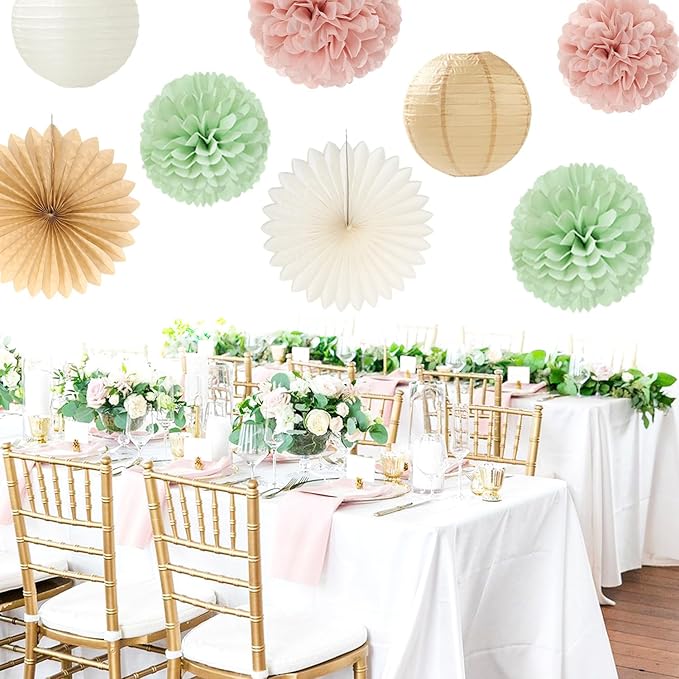 Sage-Green Pink-Beige Bridal-Shower Party-Decorations - 36pcs Bride to Be Banner,Bachelorette Paper Lanterns,Neutral Wedding Streamers Garland,Boho Tissue Pom Poms Flower Fan Decor Supplies Burgleda