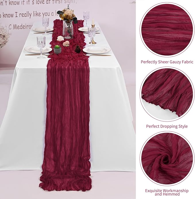 16 Pack Burgundy Cheesecloth Table Runner 120 Inch 10FT Spring Boho Rustic Sheer Gauze Cheese Cloth Table Runner for Wedding Baby Shower Birthday Party Table Decor