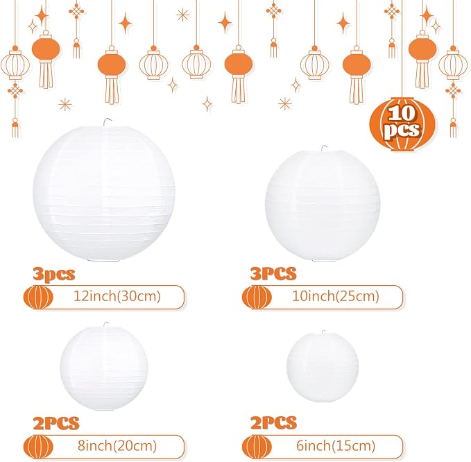 White Hanging Paper Lanterns, Round Chinese Paper Lanterns, Party Wedding Anniversary Decorations, 4 Size - 10 Pieces