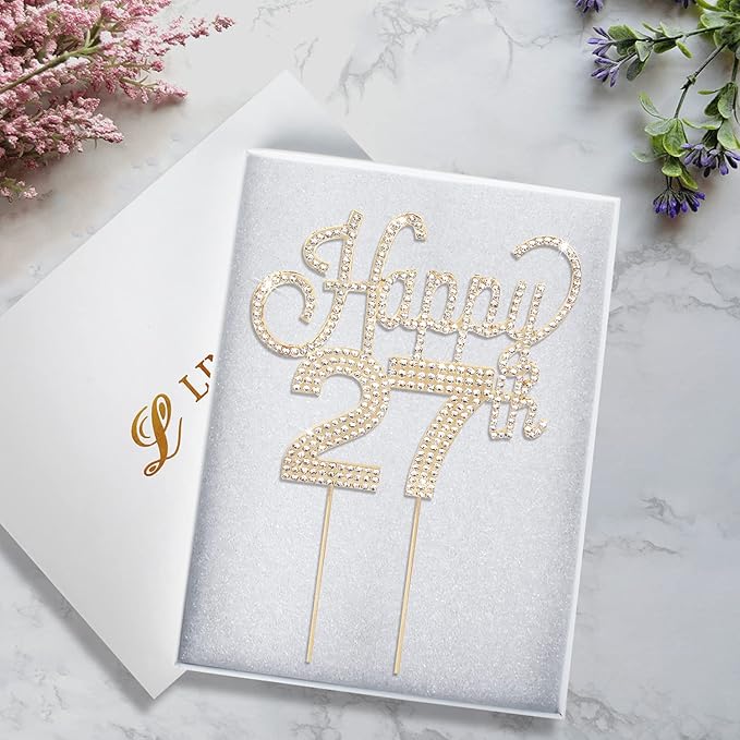 LINGTEER Happy 27th Birthday Gold Rhinestone Cake Topper - Cheers to 27th Birthday 27 Years Old Anniversary Party Cake Centerpieces Topper Decorations Gift Sign.