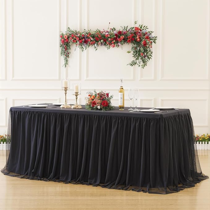 Black Tulle Tablecloths for 6 Foot Rectangular Tables 6ft Black Table Cloth Rectangle Wrinkle Free Stretch Spandex Table Cover with Tutu Skirt for Wedding Birthday Party Banquet Buffet Tradeshow