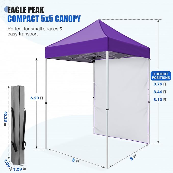 EAGLE PEAK Pop up Canopy 5x5, Outdoor Portable Canopy Tent with One Removable Sunwall, Carry Bag Included, Purple