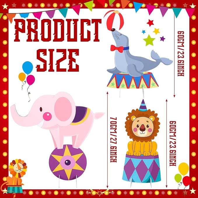 Leinuosen 3 Pcs Large Carnival Party Stand Decorations Set Circus Animal Baby Shower Cardboard Cutouts Decorations Carnival Theme Birthday Camping Party Supplies Circus Decor for Girls Boys