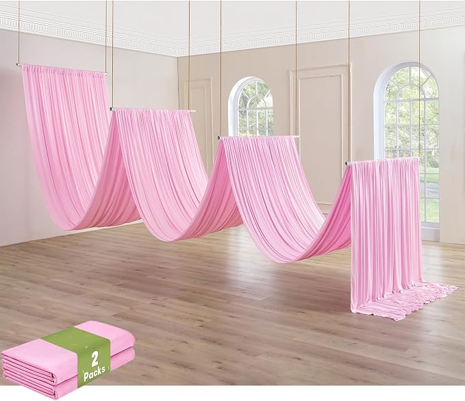 10x40ft Pink Ceiling Drapes for Wedding Parties, Wrinkle Free 40ft Extra Long 2 Panels Thick Polyester Wedding Draping Pink Ceiling Curtains Arch Drapery for Birthday Party Canopy Tent Decor