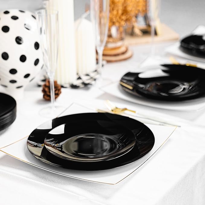 Lullaby 100PCS Black and Gold Plastic Plates, Disposable Black Plastic Plate with Gold Rim, 50PCS Dessert Plates 7" and 50PCS Dinner Plates 10", Perfect for Party Wedding and Daily Use