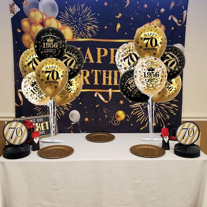 TONIFUL 4 Set 70th Birthday Decorations 1956 Balloon Centerpiece for Table,Black Gold Balloon Stand Kit,Perfect for celebrating born in 1956,Cheers to 70 Years Birthday for Men and Women