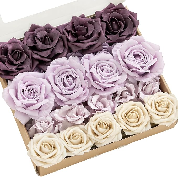 Ling's moment Artificial Flowers Fake Silk Roses Faux Foam Gardenia Combo for DIY Wedding Bouquets Centerpieces Arrangements Bridal Shower Party Home Decorations, Purple & Pale Lavender, 23pcs