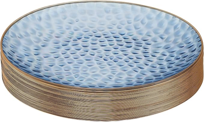 PLASTICPRO 30 Pack Hammered Plastic Plates Heavyweight Disposable Plastic Plates Elegant Clear Hammered Rim Platsic Party Dishes (Blue With Gold Rim, 9'' INCH PLATES)