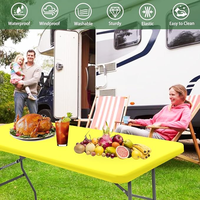 6 Pack Picnic Table Cover Fitted Tablecloths 8 Foot Rectangle Tables Elastic Waterproof Stretch Washable Patio Folding Outdoor Spandex Table Cloth for Camping Banquet and Parties (Yellow,30" x 96")