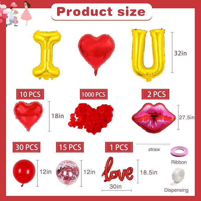 32 Inch I Love You Balloons Red Gold Balloon with Heart Shaped, lips, Love Foil Balloons and 1000 Pieces Rose Petals for Anniversary Valentine's Day Proposals Decorations