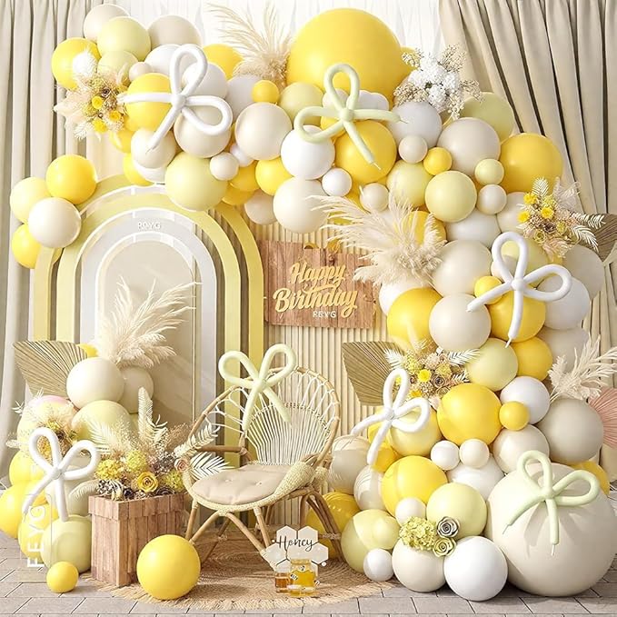 Mustard Yellow Bow Balloon Arch Kit, Sand White Pastel Yellow Balloon Garland Kit, Yellow White Latex Party Balloons for Bee Birthday Wedding Baby Shower Gender Reveal Boho Bee Party Decoration