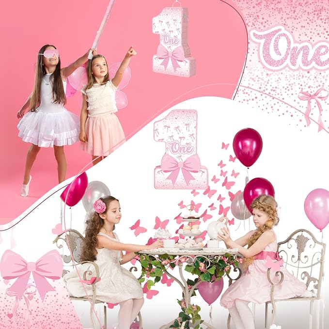 Blosssound Pink Bow Piñata Girl 1st Birthday Party Decorations Supplies Number One Piñata Set with Stick Blindfold for Pink Coquette Theme Birthday Baby Shower Celebration Decorations (Bow)