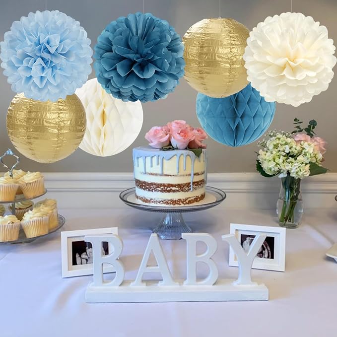Dusty Blue Champagne Gold Beige Paper Flowers Tissue Pom Poms Honeycomb Lanterns 15pcs Party Decorations Boy Birthday Wedding Baby Bridal Shower Hanging Supplies Mprocherify