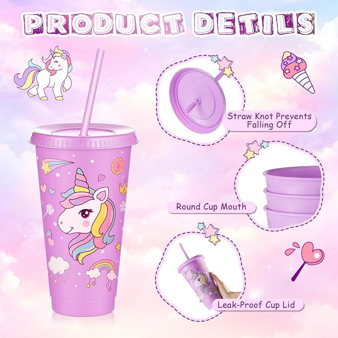 Uiifan 24 Pcs Unicorn Cups Party Favors Goodie Cups Unicorn Birthday Decorations 24 oz Plastic Reusable Tumbler with Lid and Straw Birthday Party Favors Supplies for Girls Boys