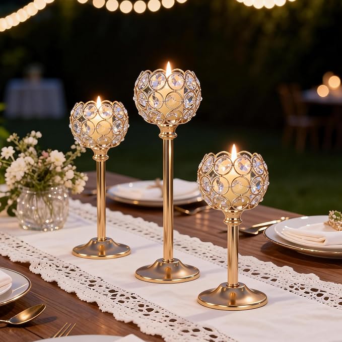 Gold Crystal Candle Holders Candlestick Holders - 2 Sets Tall Bling Bowl Candelabra Centerpieces for Dining Table, Wedding, Party & Fireplace Mantel Decor,6Pcs
