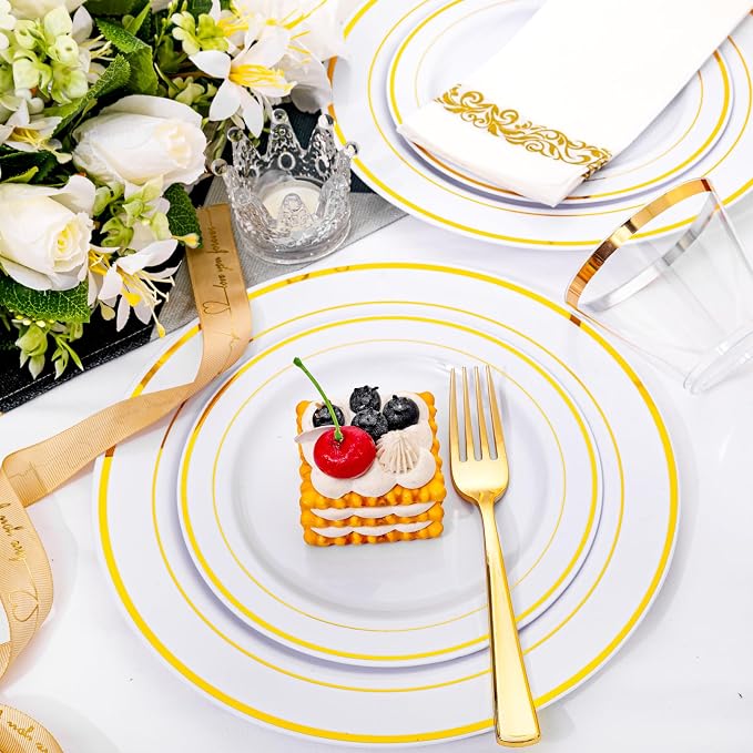 I00000 60 Pieces Gold Plastic Plates, Heavy Duty White and Gold Plastic Plates for 30 Guests Include: 30 Gold Rim Dinner Plates and 30 Gold Dessert Plates Perfect for Wedding & Party