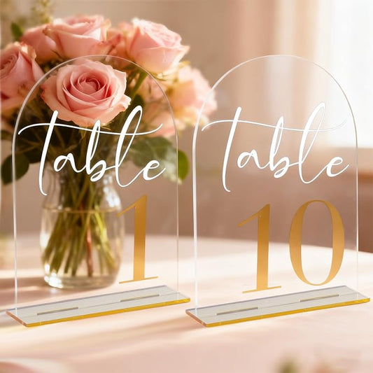 Arch Acrylic Wedding Table Numbers with Gold Font & Stands - 5''x7'' Clear Acrylic Table Number Signs for Wedding Reception, Anniversary, Event & Party Decor (Set 1-10)