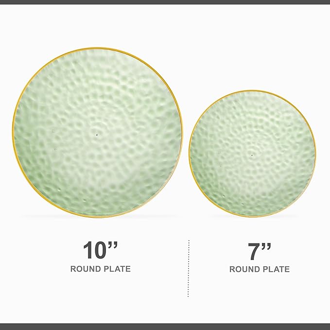 PLASTICPRO 32 Piece Combo Plates Set includes 16-7'' inch Plate & 16-10'' inch Plates Green Hammered Plastic Party Dish Premium ST patricks day Party Dishes