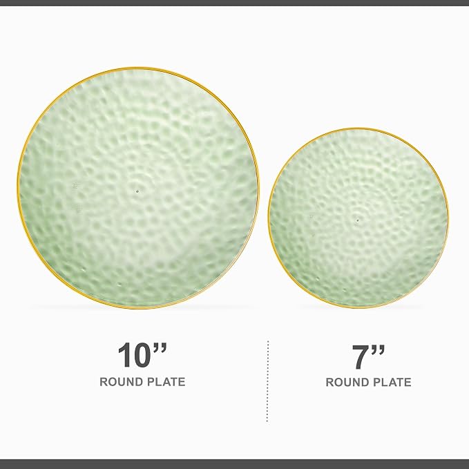 PLASTICPRO 64 Piece Combo Plates Set includes 32-7'' inch Plate & 32-10'' inch Plates Green Hammered Plastic PartyPlates Premium heavyweight Elegant, Disposable, Tableware, Dishes,