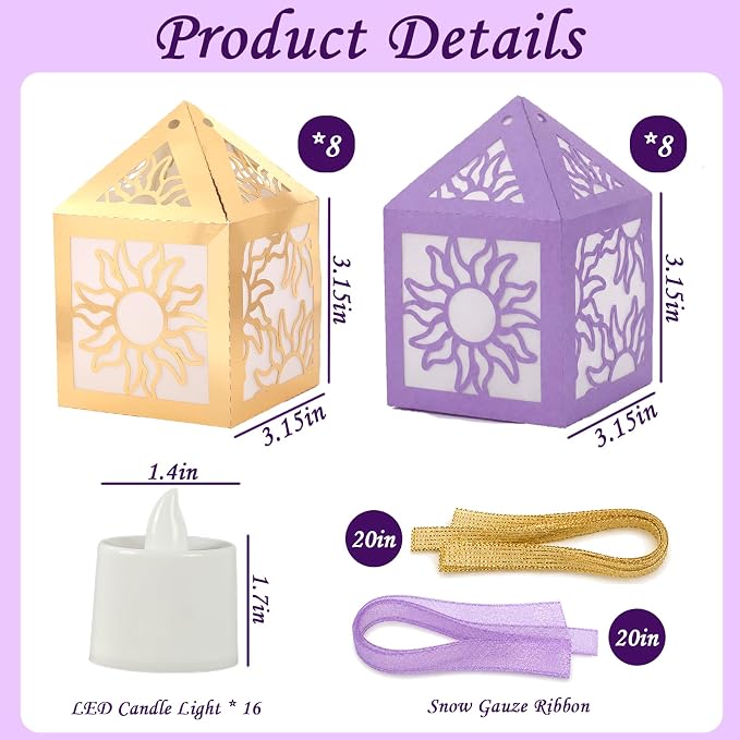 16 Set Sun Lantern Centerpieces with LED Candles and Ribbon, Elegant Paper Lanterns Table Decor for Princess Girls Birthday Party Wedding Festival Decorations (8 Gold + 8 Purple)