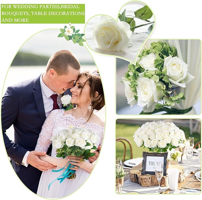 Hananona Artificial Roses in Bulk, Fake Silk White Roses Realistic Roses for Wedding Centerpieces Flower Arrangement Home Decor (100, White)