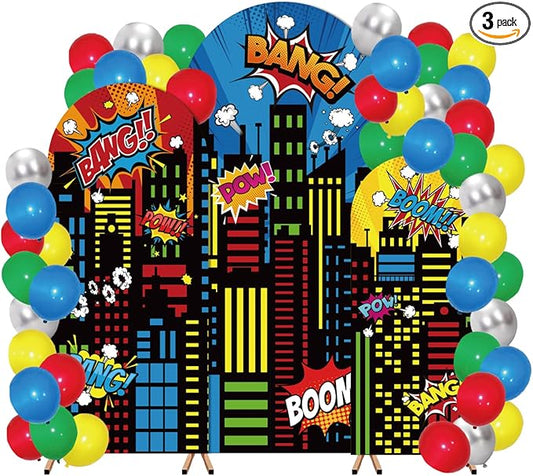 Tudomro 3 Pcs Hero Party Decoration Hero Backdrop Cover with Balloons Cityscape Arch Backdrop Night Scene Buildings Cutouts Background for Baby Shower Birthday Party Decor