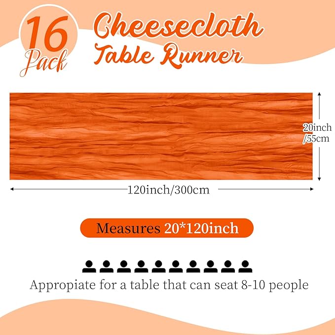 16 Pack Orange Cheesecloth Table Runners 20x120 Inch Gauze Table Runner 10FT Easter Cheese Cloth Table Runner Rustic Sheer Runner for Wedding Baby Shower Birthday Party Table Decor
